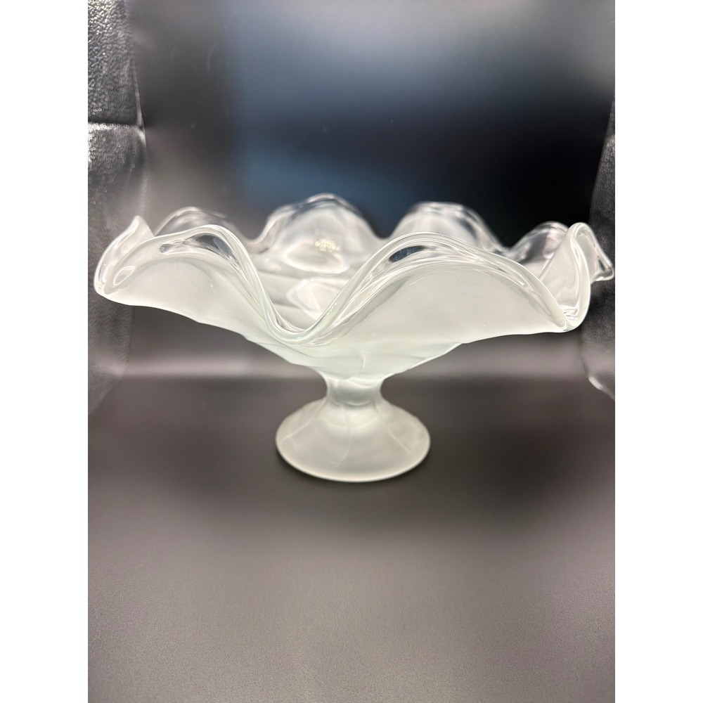 Viking Glass Frosted Clear Petal Ruffled Handkerchief Footed Bowl Centerpiece